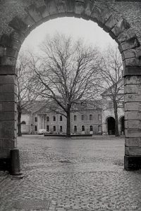 photo argentique noir et blanc d'une porte cochère donnant sur une court avec un arbre au cente