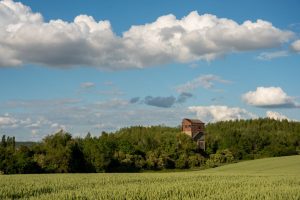 batiment dans un bois en avant plan un champ et le ciel en arrière